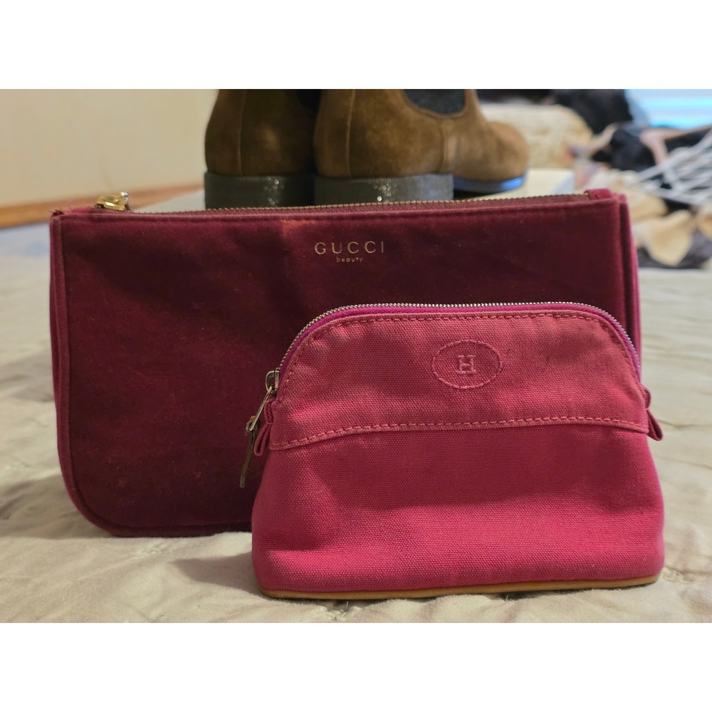 Authentic Gucci Velvet Beauty Bag Cosmetic Case Magenta Purple Gold 9.5x5.5" - Picture 12 of 12